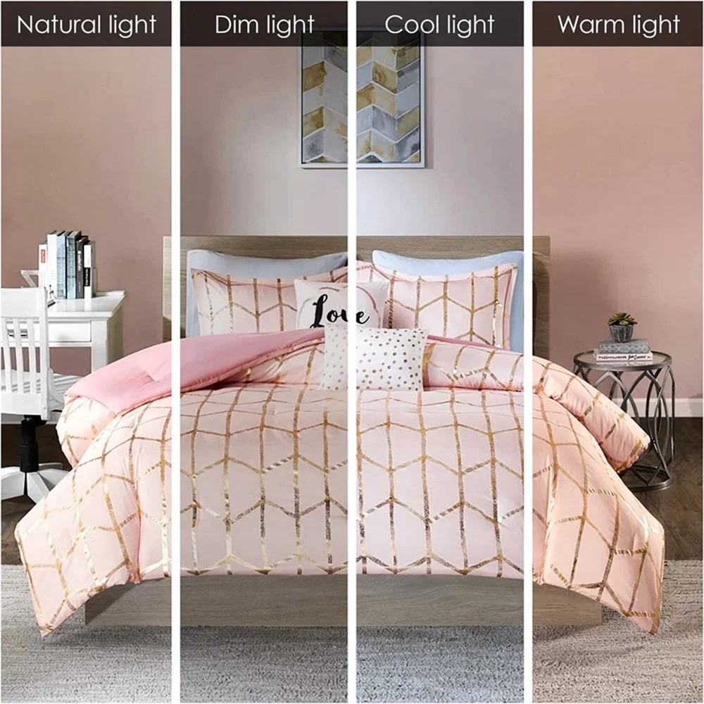 Raina 5 Piece Metallic Printed Duvet Cover Set, Queen, Blush/Gold NWT